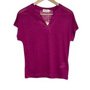Monoprix Premium Linen Short Sleeve T Shirt XS Magenta V Neck Lightweight